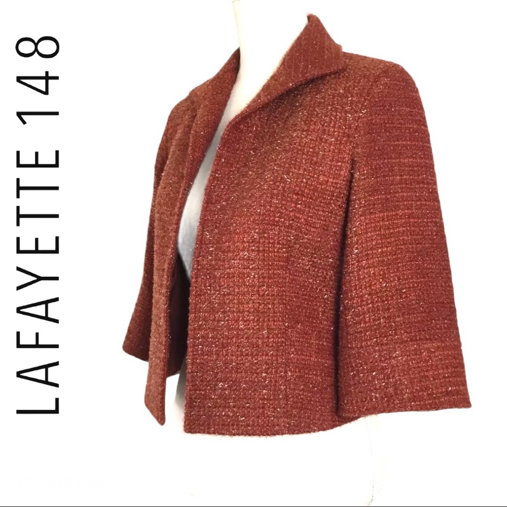 Lafayette 148 Metallic Sparkle Wool Tweed Blazer Suit Red Orange Silver Work 4 - Picture 7 of 16